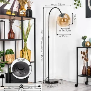 hofstein Koyoto Lampadaire Chrome, Noir, 1 lumière* Lampes En Verre