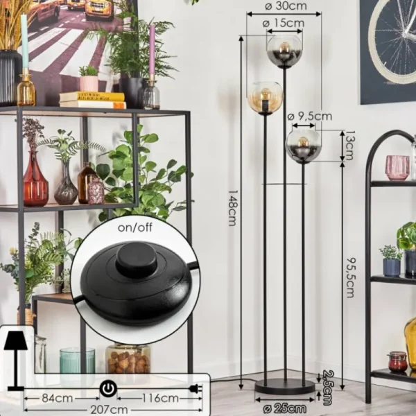 hofstein Koyoto Lampadaire Noir, 3 lumières* Lampes En Verre