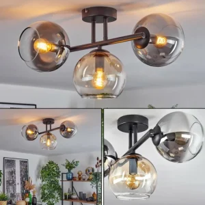 hofstein Koyoto Plafonnier, Boule lumineuse Ambre, Chrome, Fumé, 3 lumières* Lampes Modernes