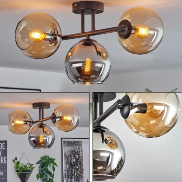 hofstein Koyoto Plafonnier, Boule lumineuse Ambre, Chrome, Fumé, 3 lumières* Lampes Modernes
