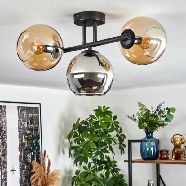 hofstein Koyoto Plafonnier, Boule lumineuse Ambre, Chrome, Fumé, 3 lumières* Lampes Modernes