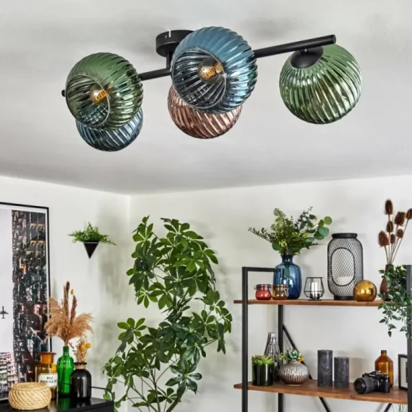 hofstein Koyoto Plafonnier, Boule lumineuse Bleu, Vert, Cuivré, 5 lumières* Lampes Modernes