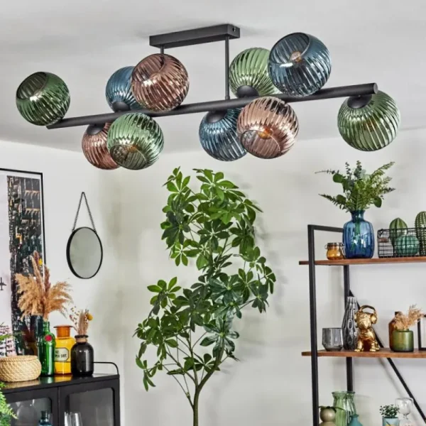 hofstein Koyoto Plafonnier, Boule lumineuse Bleu, Vert, Cuivré, 10 lumières* Lampes En Verre