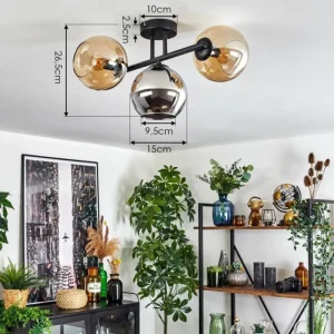 hofstein Koyoto Plafonnier, Boule lumineuse Ambre, Chrome, Fumé, 3 lumières* Lampes Modernes
