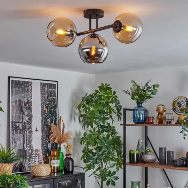 hofstein Koyoto Plafonnier, Boule lumineuse Ambre, Chrome, Fumé, 3 lumières* Lampes Modernes