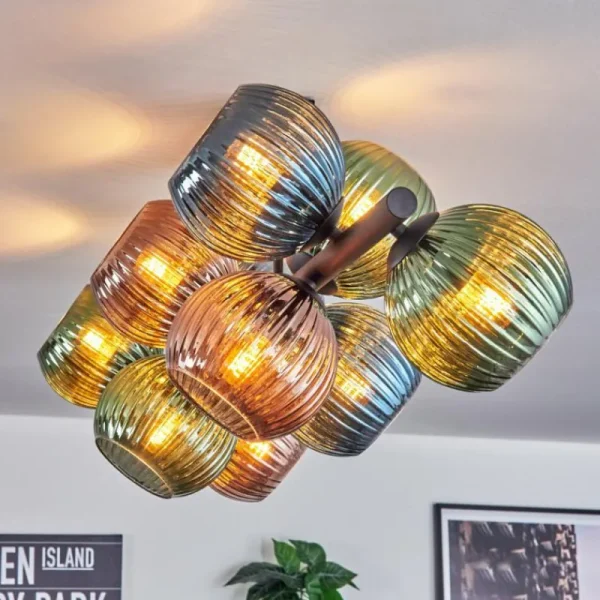 hofstein Koyoto Plafonnier, Boule lumineuse Bleu, Vert, Cuivré, 10 lumières* Lampes En Verre