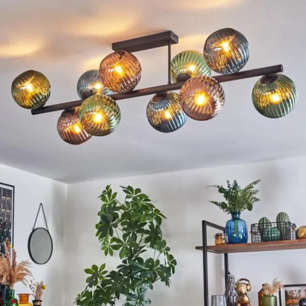 hofstein Koyoto Plafonnier, Boule lumineuse Bleu, Vert, Cuivré, 10 lumières* Lampes En Verre