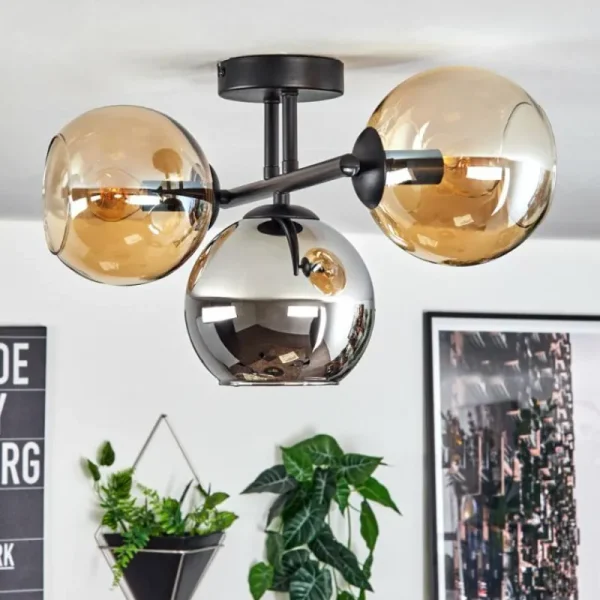 hofstein Koyoto Plafonnier, Boule lumineuse Ambre, Chrome, Fumé, 3 lumières* Lampes Modernes