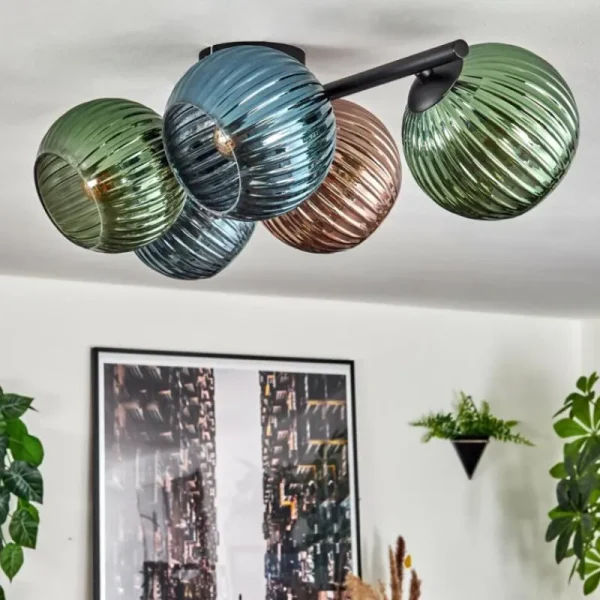 hofstein Koyoto Plafonnier, Boule lumineuse Bleu, Vert, Cuivré, 5 lumières* Lampes Modernes
