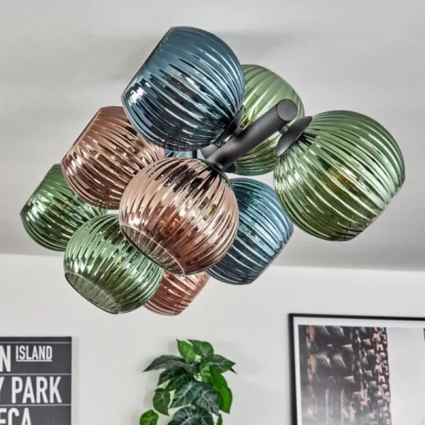 hofstein Koyoto Plafonnier, Boule lumineuse Bleu, Vert, Cuivré, 10 lumières* Lampes En Verre