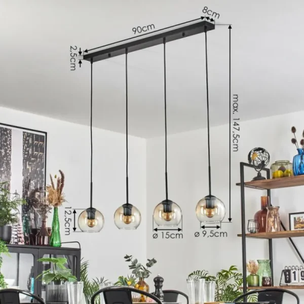 hofstein Koyoto Suspension Ambre, Clair, 4 lumières* Lampes En Verre