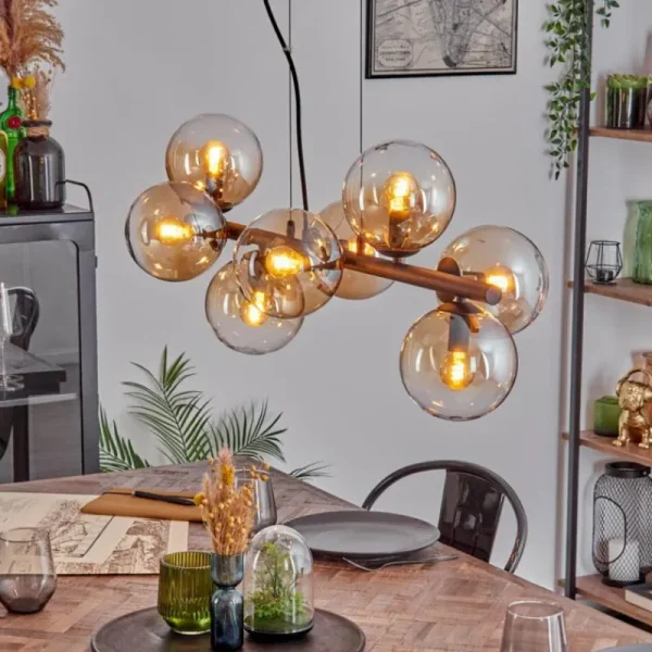 hofstein Koyoto Suspension, Boule lumineuse, Suspension Ambre, Clair, 8 lumières* Lampes En Verre
