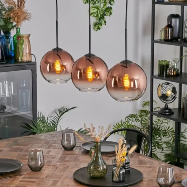 hofstein Koyoto Suspension, Boule lumineuse, Suspension Clair, Cuivré, 3 lumières* Lampes En Verre