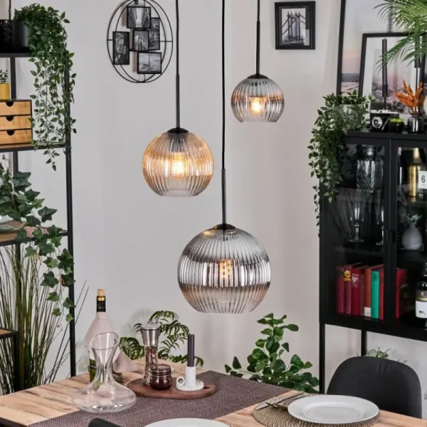 hofstein Koyoto Suspension, Boule lumineuse, Suspension Ambre, Clair, Fumé, 3 lumières* Lampes Modernes