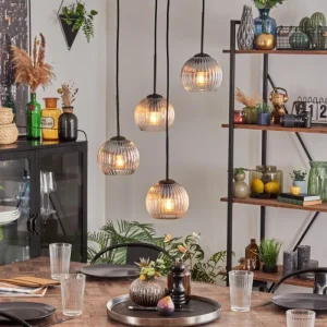 hofstein Koyoto Suspension, Boule lumineuse, Suspension Ambre, Clair, Fumé, 4 lumières* Lampes Modernes