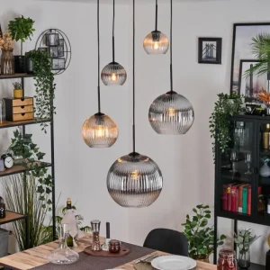 hofstein Koyoto Suspension, Boule lumineuse, Suspension grappe Ambre, Clair, Fumé, 5 lumières* Lampes Modernes