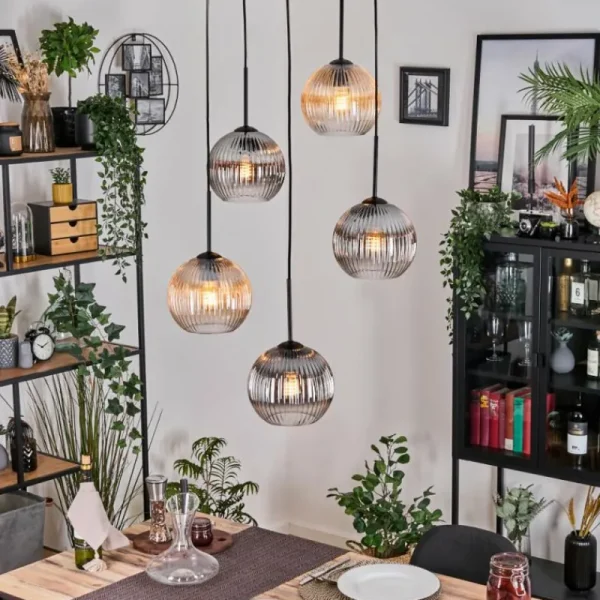 hofstein Koyoto Suspension, Boule lumineuse, Suspension grappe Ambre, Clair, Fumé, 5 lumières* Lampes Modernes