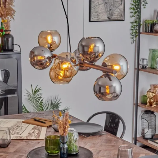 hofstein Koyoto Suspension, Boule lumineuse, Suspension Ambre, Chrome, Fumé, 8 lumières* Lampes Modernes