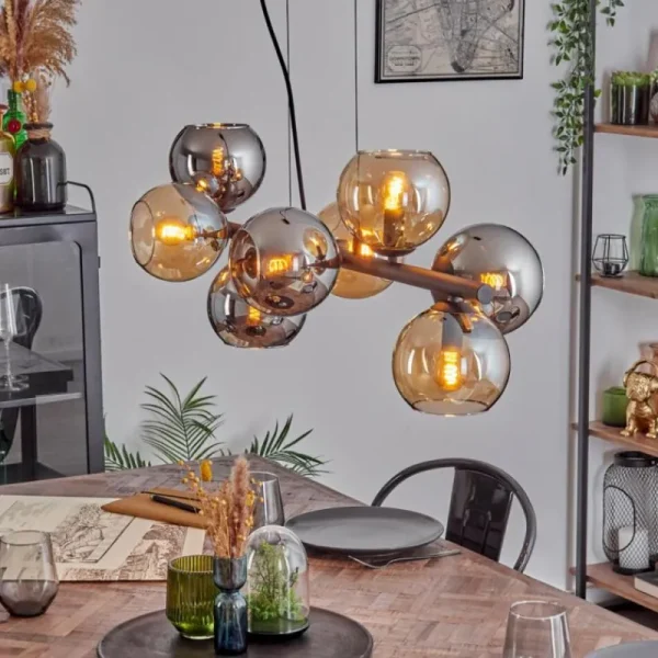 hofstein Koyoto Suspension, Boule lumineuse, Suspension Ambre, Chrome, Fumé, 8 lumières* Lampes Modernes