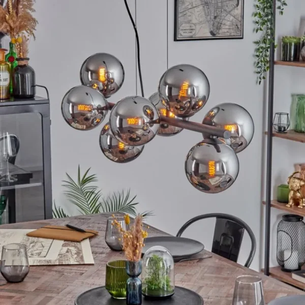 hofstein Koyoto Suspension, Boule lumineuse, Suspension Chrome, Fumé, 8 lumières* Lampes Modernes