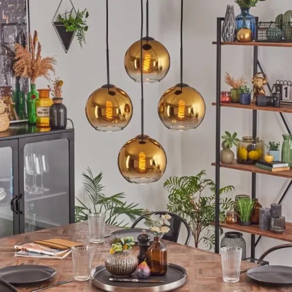 hofstein Koyoto Suspension, Boule lumineuse Or, Clair, 4 lumières* Lampes En Verre