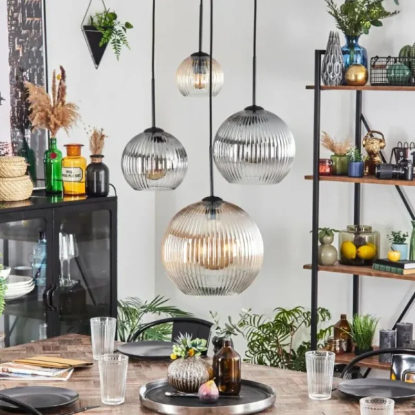 hofstein Koyoto Suspension, Boule lumineuse, Suspension Ambre, Clair, Fumé, 4 lumières* Lampes Modernes