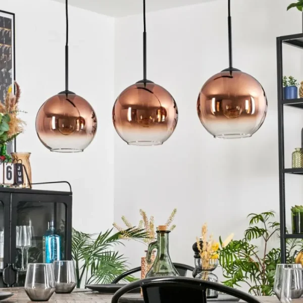hofstein Koyoto Suspension, Boule lumineuse, Suspension Clair, Cuivré, 3 lumières* Lampes En Verre