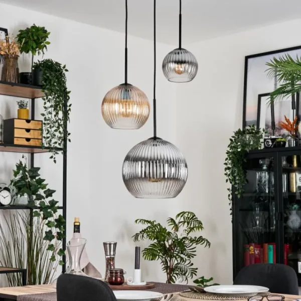 hofstein Koyoto Suspension, Boule lumineuse, Suspension Ambre, Clair, Fumé, 3 lumières* Lampes Modernes