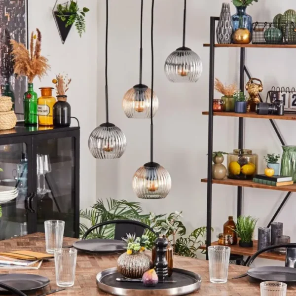hofstein Koyoto Suspension, Boule lumineuse, Suspension Ambre, Clair, Fumé, 4 lumières* Lampes Modernes