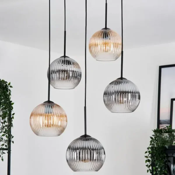 hofstein Koyoto Suspension, Boule lumineuse, Suspension grappe Ambre, Clair, Fumé, 5 lumières* Lampes Modernes