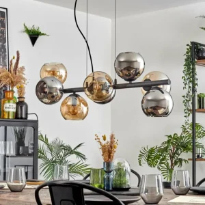 hofstein Koyoto Suspension, Boule lumineuse, Suspension Ambre, Chrome, Fumé, 8 lumières* Lampes Modernes