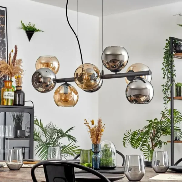 hofstein Koyoto Suspension, Boule lumineuse, Suspension Ambre, Chrome, Fumé, 8 lumières* Lampes Modernes