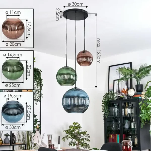 hofstein Koyoto Suspension, Boule lumineuse, Suspension, Suspension grappe Bleu, Vert, Cuivré, 3 lumières* Lampes Modernes