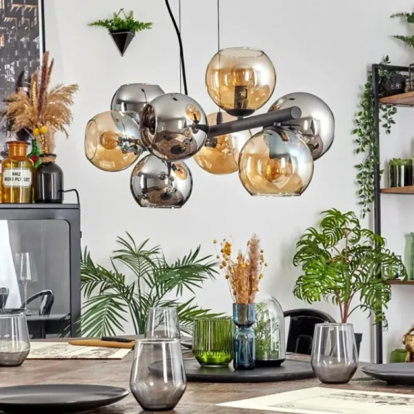 hofstein Koyoto Suspension, Boule lumineuse, Suspension Ambre, Chrome, Fumé, 8 lumières* Lampes Modernes