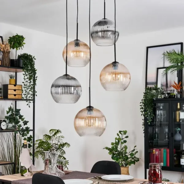 hofstein Koyoto Suspension, Boule lumineuse, Suspension grappe Ambre, Clair, Fumé, 5 lumières* Lampes Modernes
