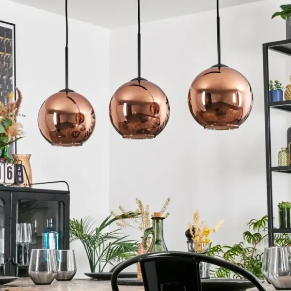 hofstein Koyoto Suspension, Boule lumineuse, Suspension Cuivré, 3 lumières* Lampes En Verre