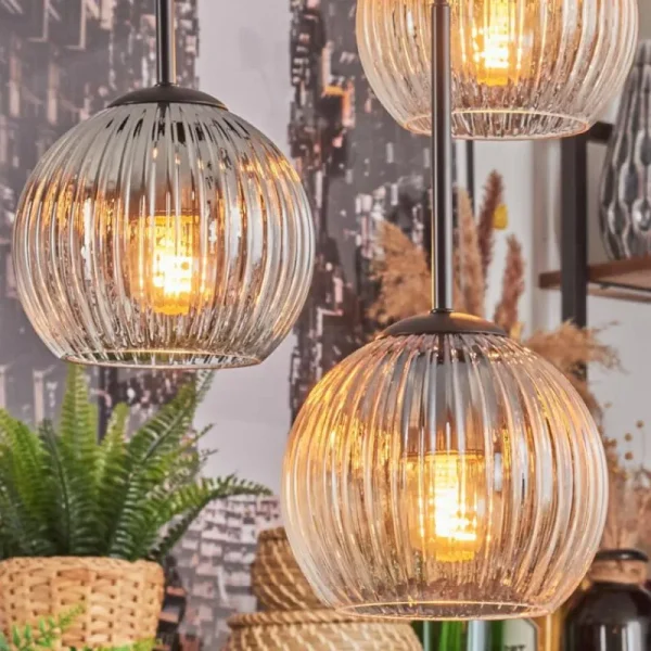 hofstein Koyoto Suspension, Boule lumineuse, Suspension Ambre, Clair, Fumé, 4 lumières* Lampes Modernes