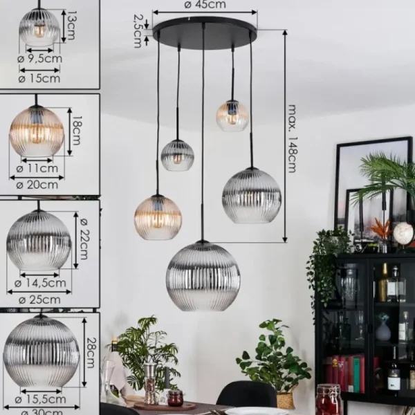 hofstein Koyoto Suspension, Boule lumineuse, Suspension grappe Ambre, Clair, Fumé, 5 lumières* Lampes Modernes