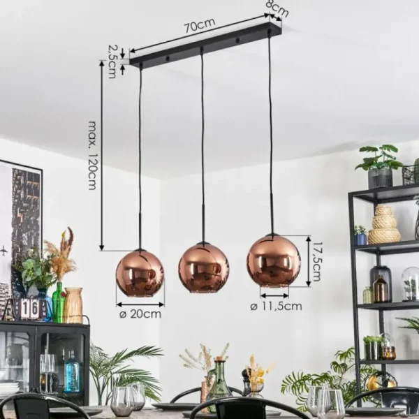 hofstein Koyoto Suspension, Boule lumineuse, Suspension Cuivré, 3 lumières* Lampes En Verre