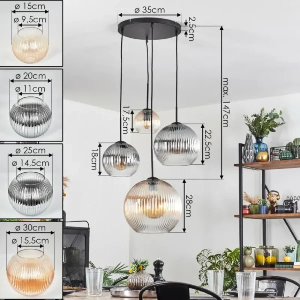 hofstein Koyoto Suspension, Boule lumineuse, Suspension Ambre, Clair, Fumé, 4 lumières* Lampes Modernes