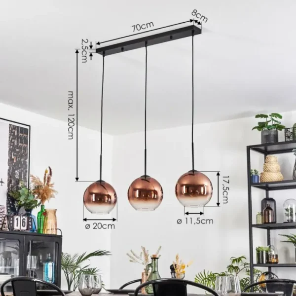 hofstein Koyoto Suspension, Boule lumineuse, Suspension Clair, Cuivré, 3 lumières* Lampes En Verre