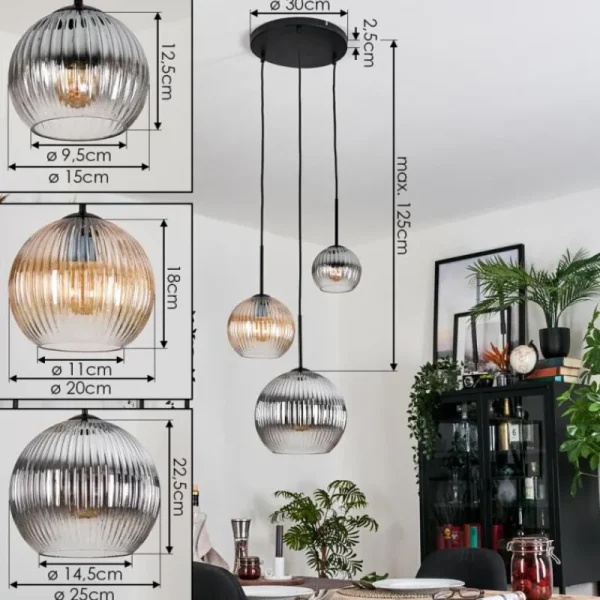 hofstein Koyoto Suspension, Boule lumineuse, Suspension Ambre, Clair, Fumé, 3 lumières* Lampes Modernes