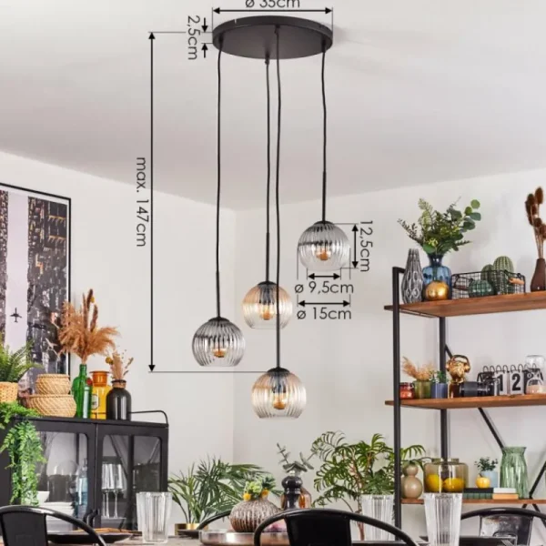 hofstein Koyoto Suspension, Boule lumineuse, Suspension Ambre, Clair, Fumé, 4 lumières* Lampes Modernes