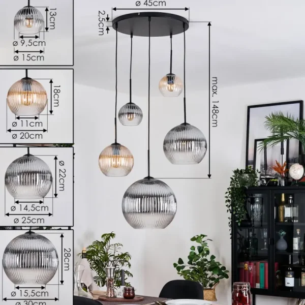 hofstein Koyoto Suspension, Boule lumineuse, Suspension grappe Ambre, Clair, Fumé, 5 lumières* Lampes Modernes
