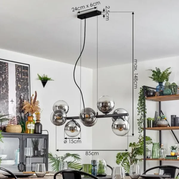 hofstein Koyoto Suspension, Boule lumineuse, Suspension Chrome, Clair, Fumé, 8 lumières* Lampes Modernes