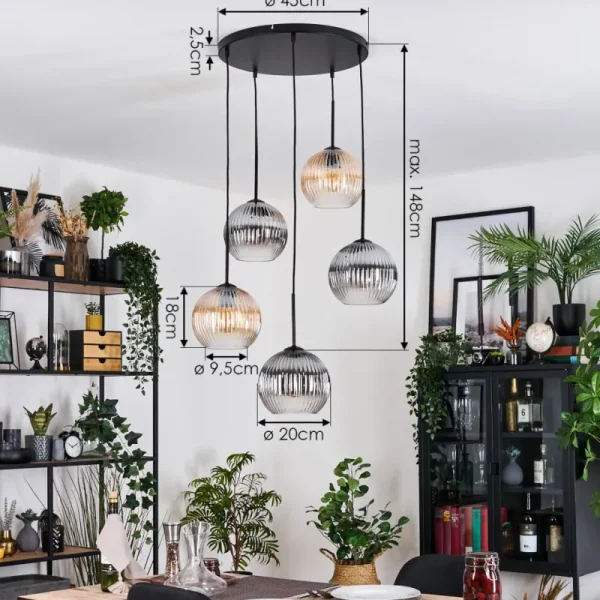hofstein Koyoto Suspension, Boule lumineuse, Suspension grappe Ambre, Clair, Fumé, 5 lumières* Lampes Modernes
