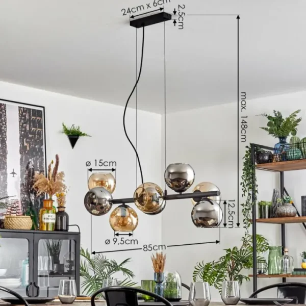 hofstein Koyoto Suspension, Boule lumineuse, Suspension Ambre, Chrome, Fumé, 8 lumières* Lampes Modernes