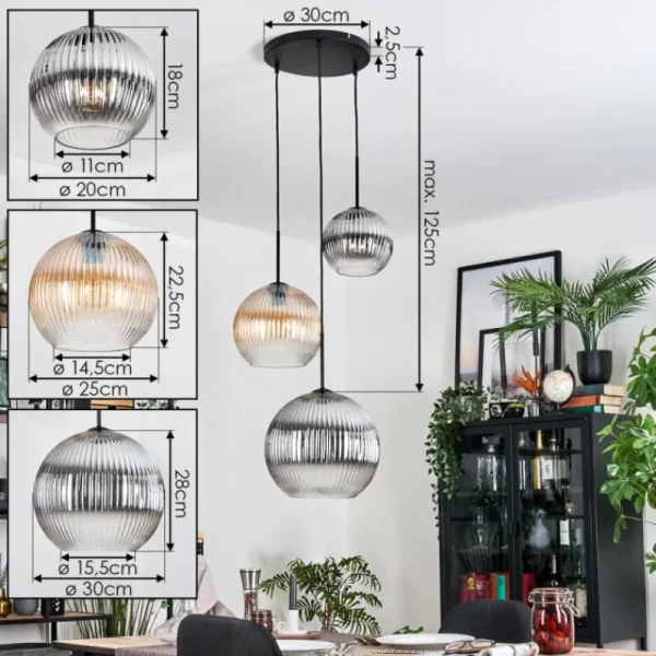 hofstein Koyoto Suspension, Boule lumineuse, Suspension, Suspension grappe Ambre, Clair, Fumé, 3 lumières* Lampes Modernes