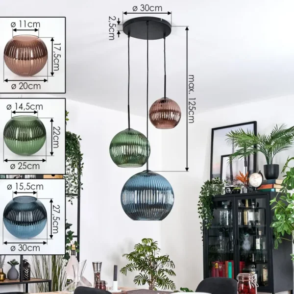 hofstein Koyoto Suspension, Boule lumineuse, Suspension, Suspension grappe Bleu, Vert, Cuivré, 3 lumières* Lampes Modernes