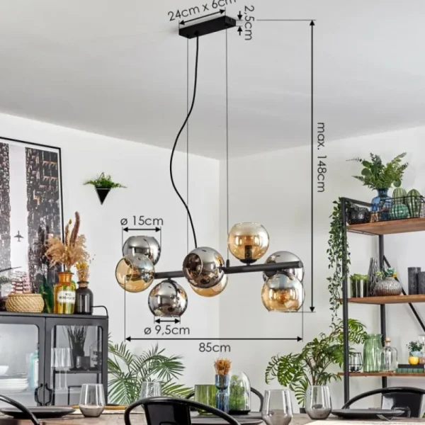 hofstein Koyoto Suspension, Boule lumineuse, Suspension Ambre, Chrome, Fumé, 8 lumières* Lampes Modernes
